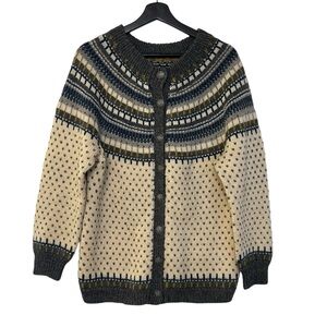 Vintage Norwegian Hand Knit Fair Isle Cardigan Cream Blue Medium Cozy Cottage
